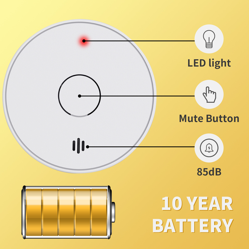 V-COME Stand-alone Smoke Detector with 10-Year Lithium Battery, Photoelectric Smoke Alarm, CE, UKCA, DIN EN 14604, VS02