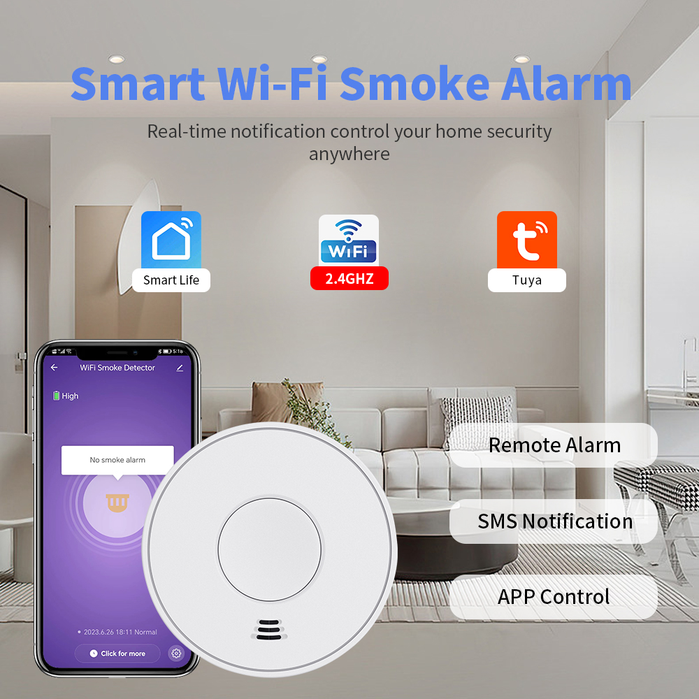 Tuya Smoke Detector with Sealed 10-Year Li-Battery, WiFi Smoke Alarm with Tuya App control, CE EN 14604, V-COME, VS01W