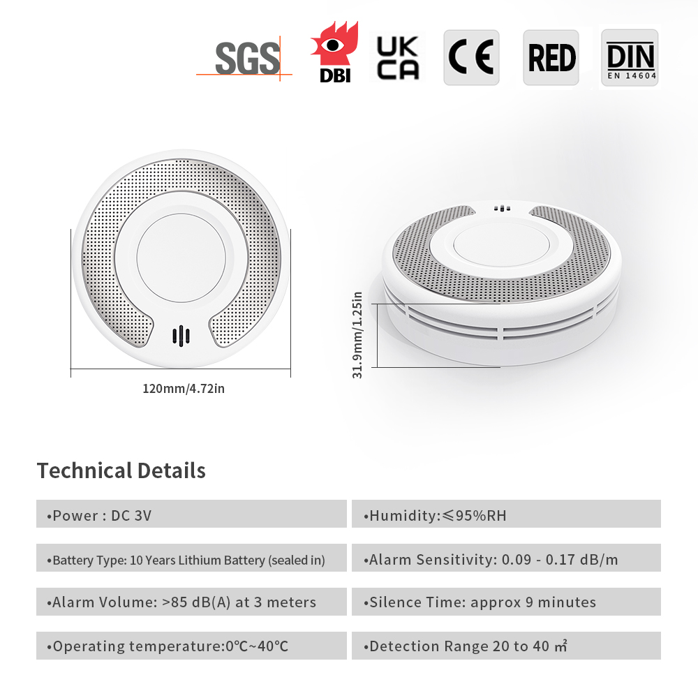 V-COME WiFi Smart Smoke Detector with Tuya App control, Wi-Fi Smoke Alarm with Sealed 10-Year Li-Battery, CE EN 14604, VS03W