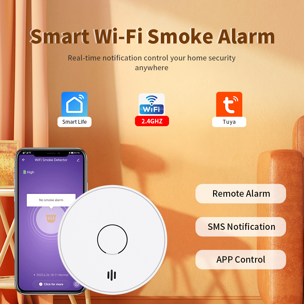 V-COME Wi-Fi Smart Smoke Detector with Tuya App control, WiFi Smoke Alarm with Sealed 10-Year Li-Battery, CE EN 14604, VS02W