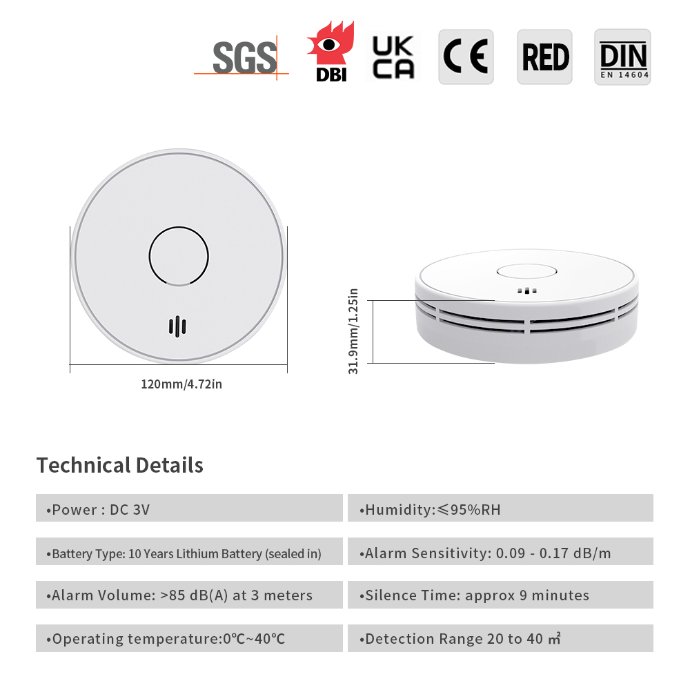 V-COME Stand-alone Smoke Detector with 10-Year Lithium Battery, Photoelectric Smoke Alarm, CE, UKCA, DIN EN 14604, VS02
