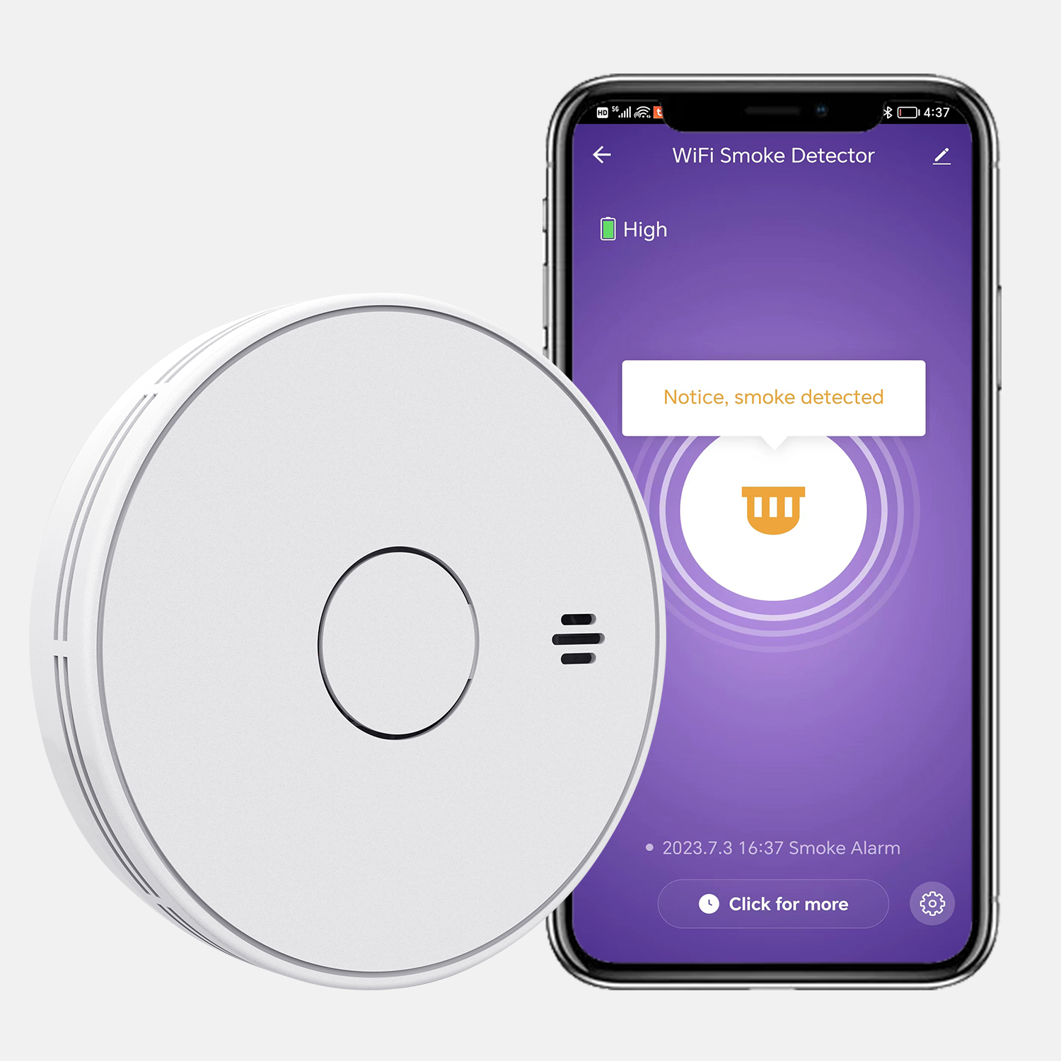 V-COME Wi-Fi Smart Smoke Detector with Tuya App control, WiFi Smoke Alarm with Sealed 10-Year Li-Battery, CE EN 14604, VS02W