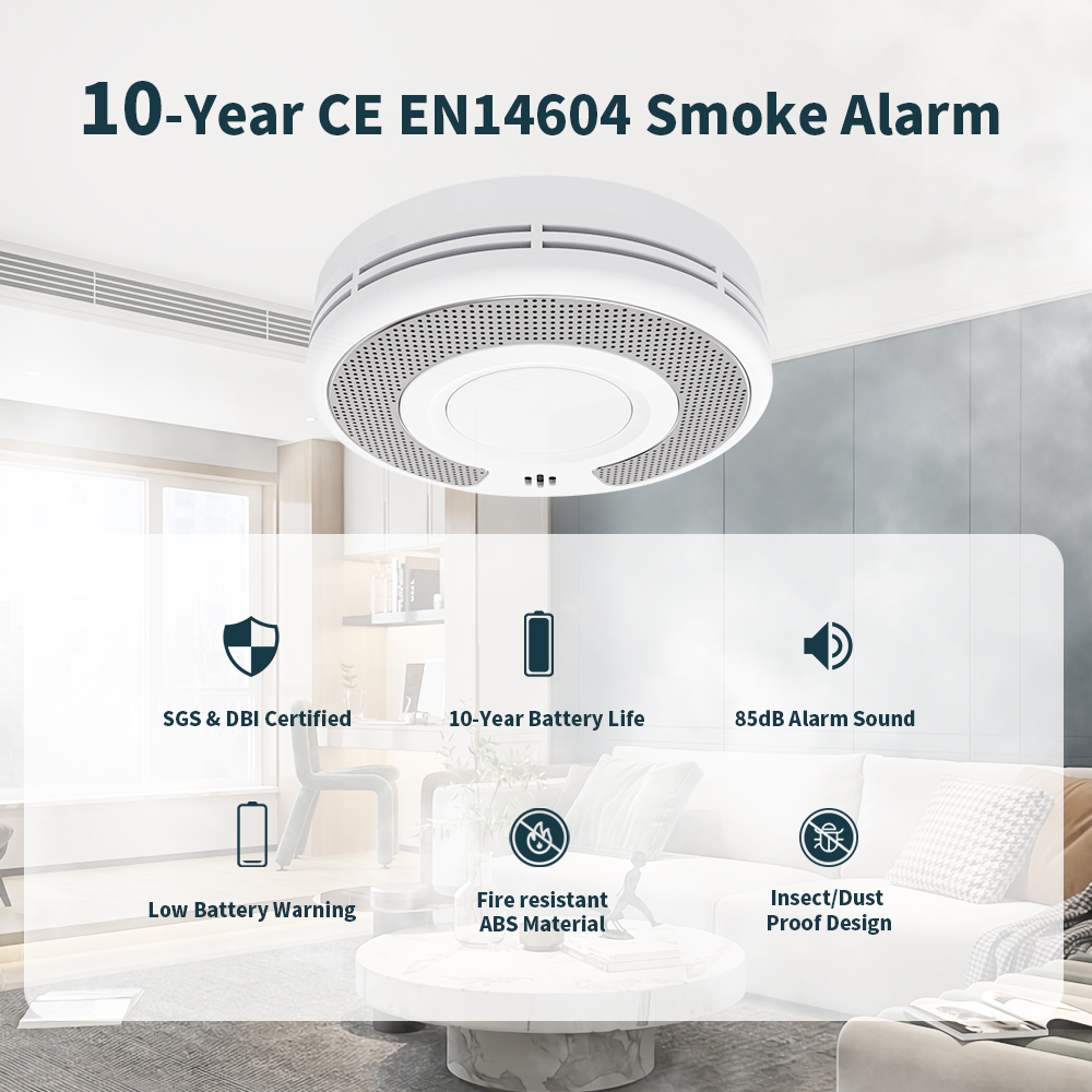 V-COME Stand-alone Smoke Detector with 10-Year Life Lithium Battery, Photoelectric Smoke Alarm, CE, UKCA, DIN EN 14604, VS03
