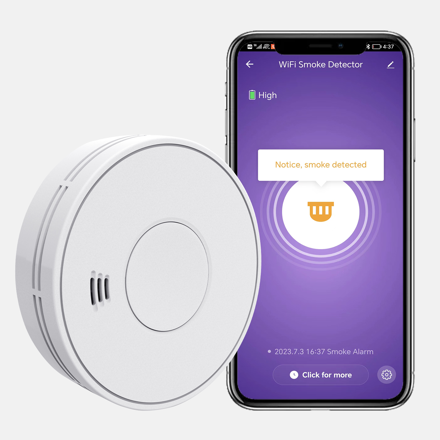 Tuya Smoke Detector with Sealed 10-Year Li-Battery, WiFi Smoke Alarm with Tuya App control, CE EN 14604, V-COME, VS01W