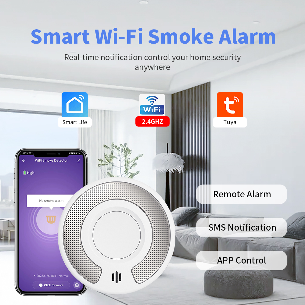 V-COME WiFi Smart Smoke Detector with Tuya App control, Wi-Fi Smoke Alarm with Sealed 10-Year Li-Battery, CE EN 14604, VS03W