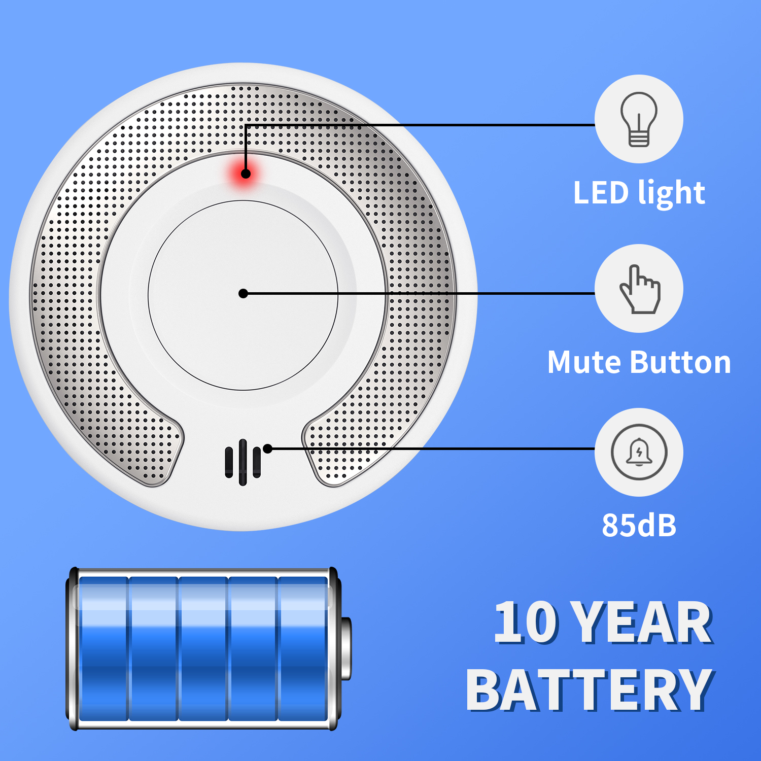 V-COME Stand-alone Smoke Detector with 10-Year Life Lithium Battery, Photoelectric Smoke Alarm, CE, UKCA, DIN EN 14604, VS03
