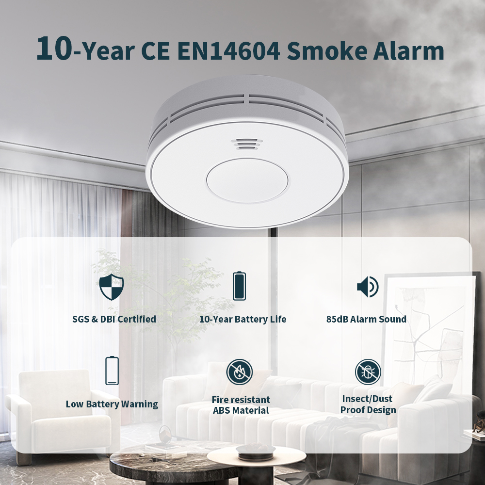 V-COME Standalone Smoke Detector with 10-Year Lithium Battery, Photoelectric Smoke Alarm, CE, UKCA, DIN EN 14604, VS01